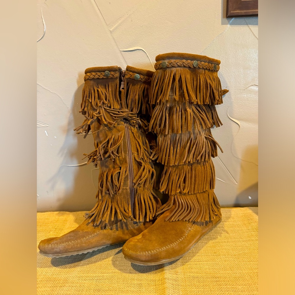 Minnetonka 15” High Top Fringe Moccasins